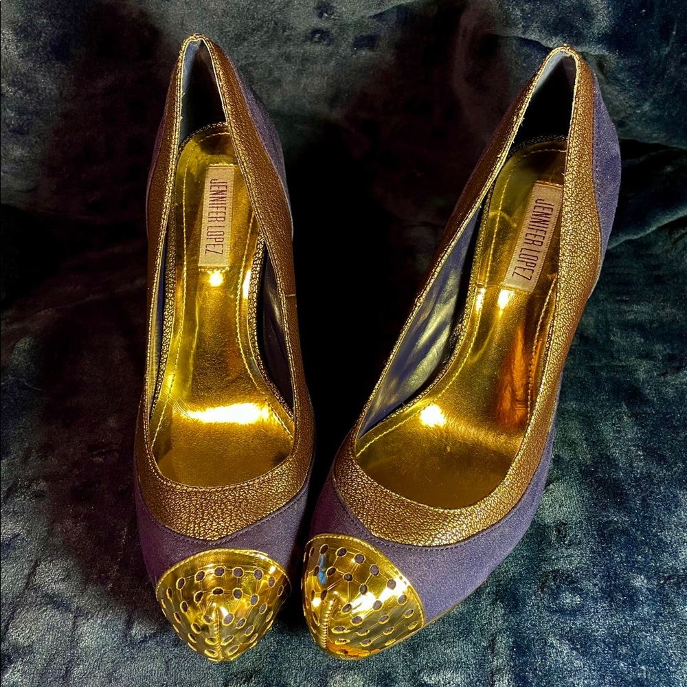 Jennifer Lopez Midnight Blue and Gold Suede Heels